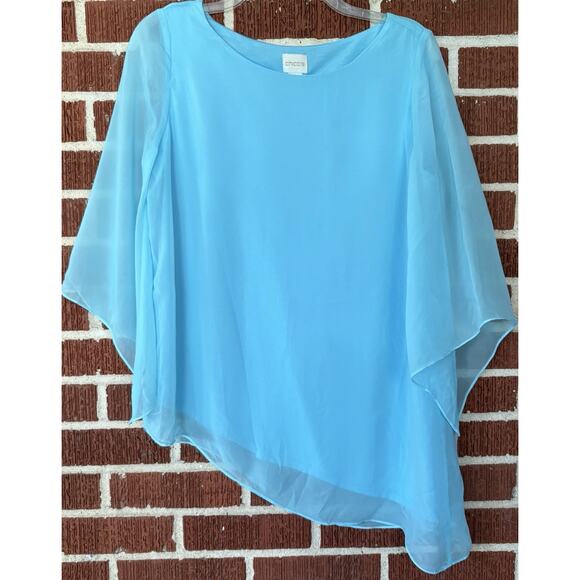 Chico’s Turquoise Tunic Blouse Asymmetric Sheer Overlay 3/4 Sleeves Size 0P (S) - Picture 1 of 4